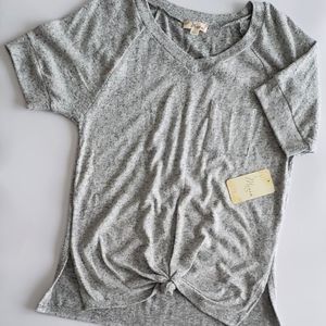 Misia Heather Gray Short Sleeve V Neck Tee Shirt Top Cinched Knot